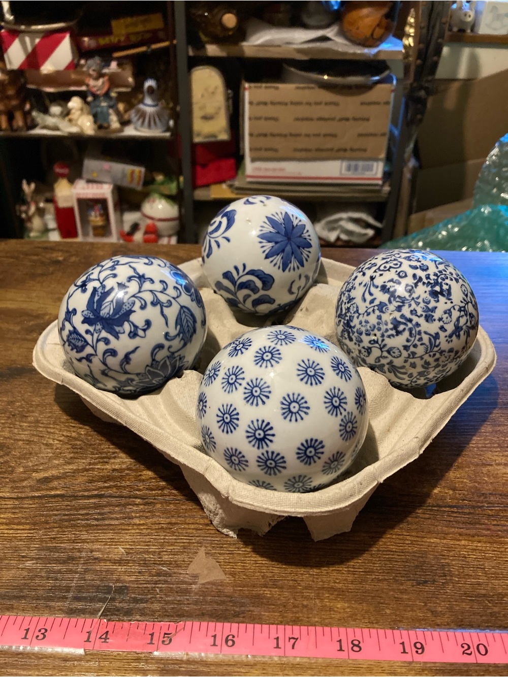Set of 4 blue & white porcelain balls/orbs